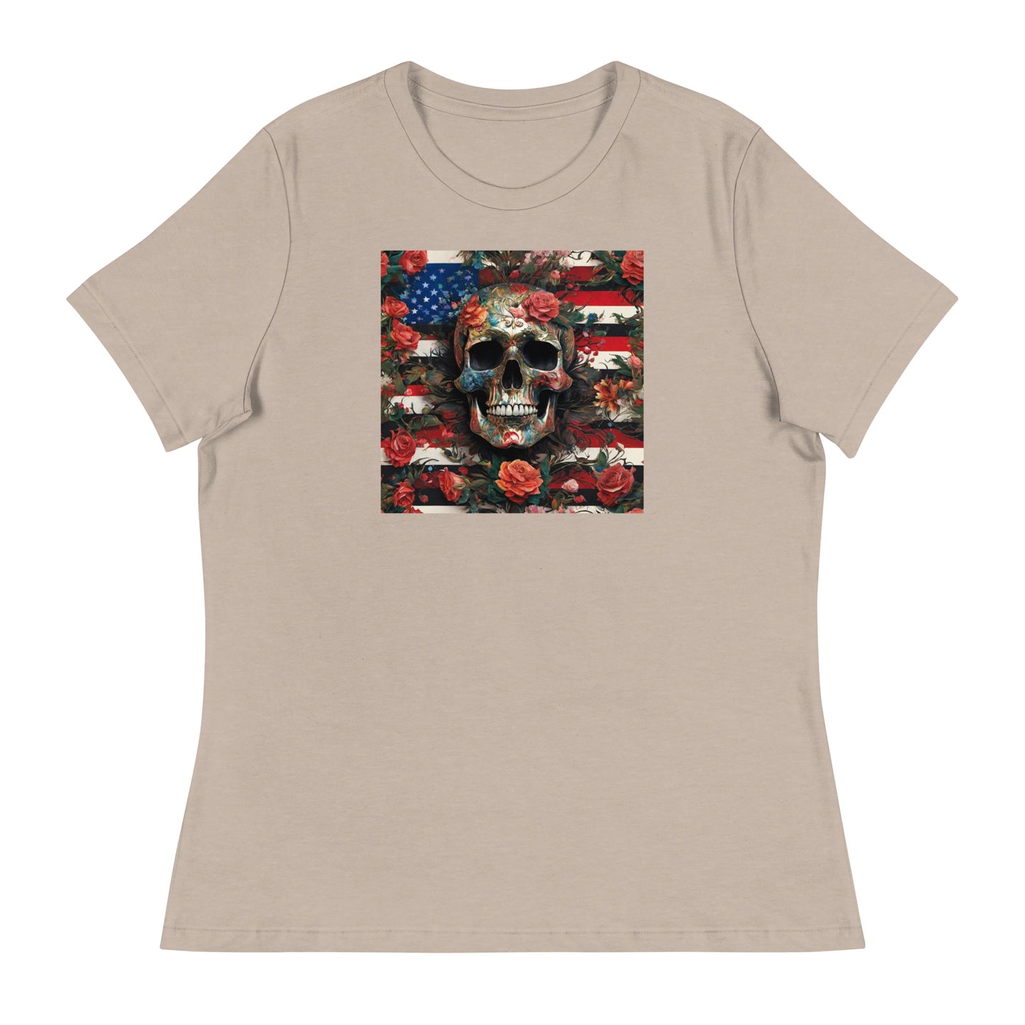 Skull, Roses, and Flag Women's Graphic T-Shirt Heather Stone