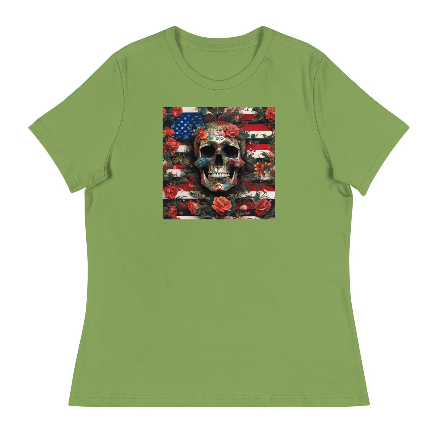 Skull, Roses, and Flag Women's Graphic T-Shirt Leaf