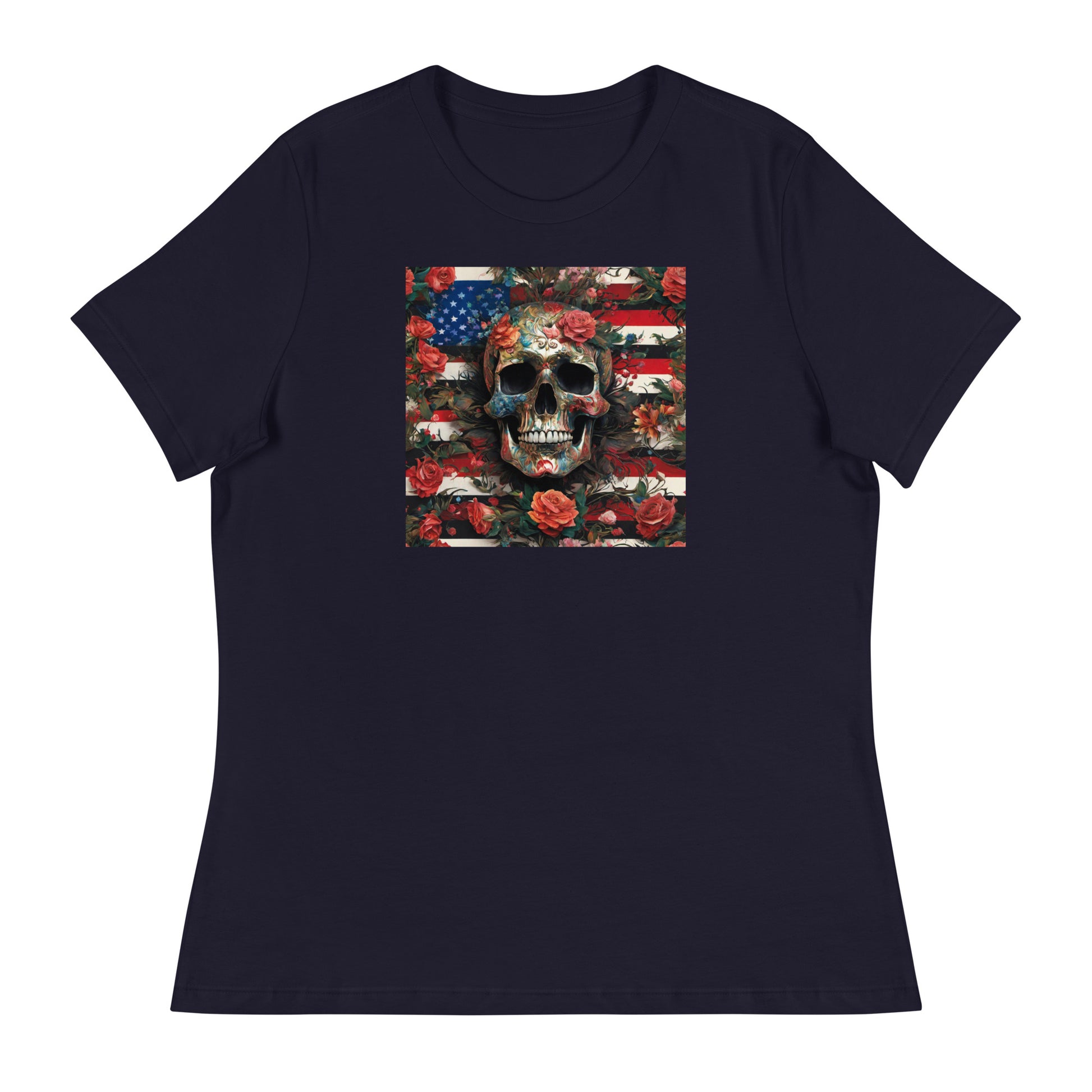 Skull, Roses, and Flag Women's Graphic T-Shirt Navy