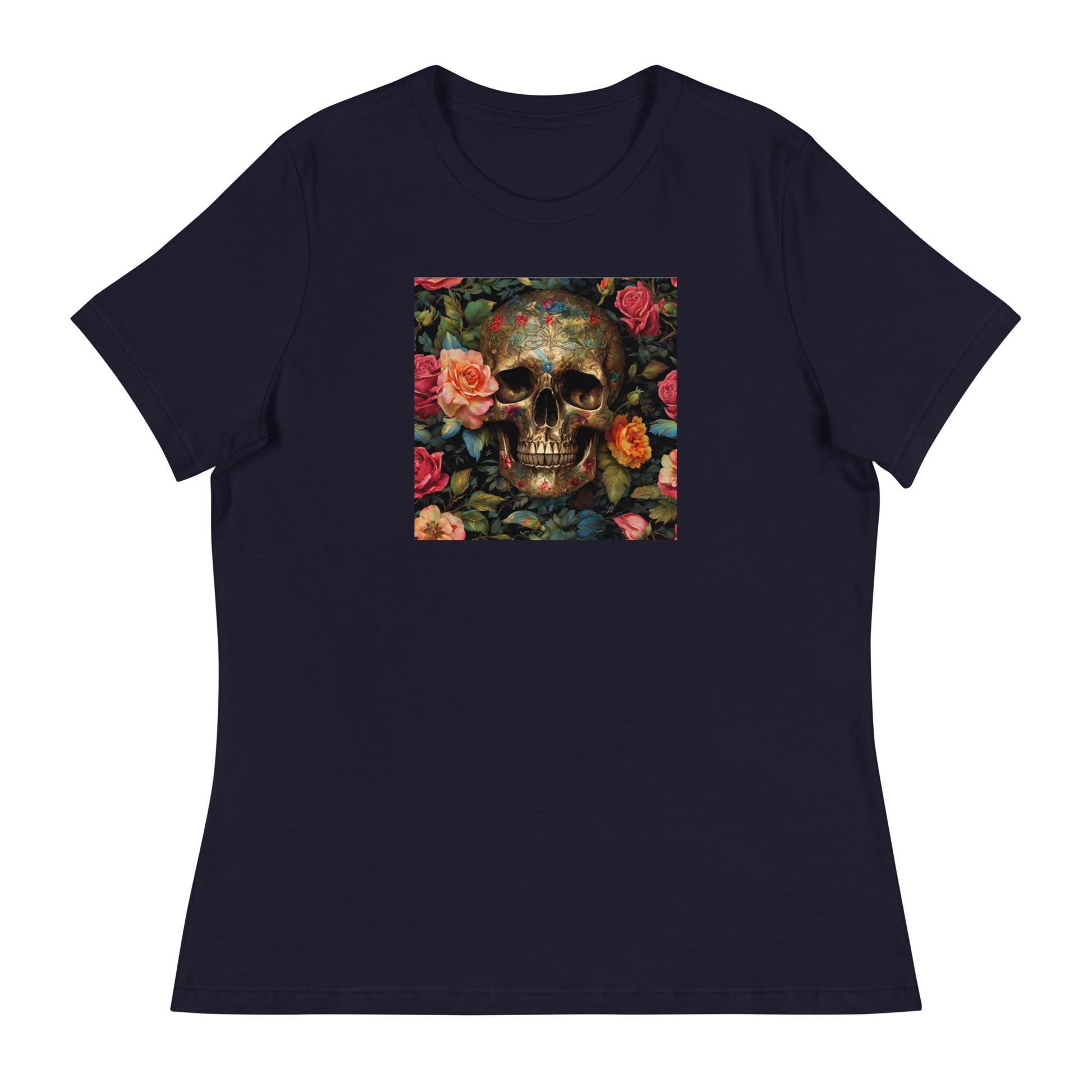Skull and Roses Graphic Women's T-Shirt Navy