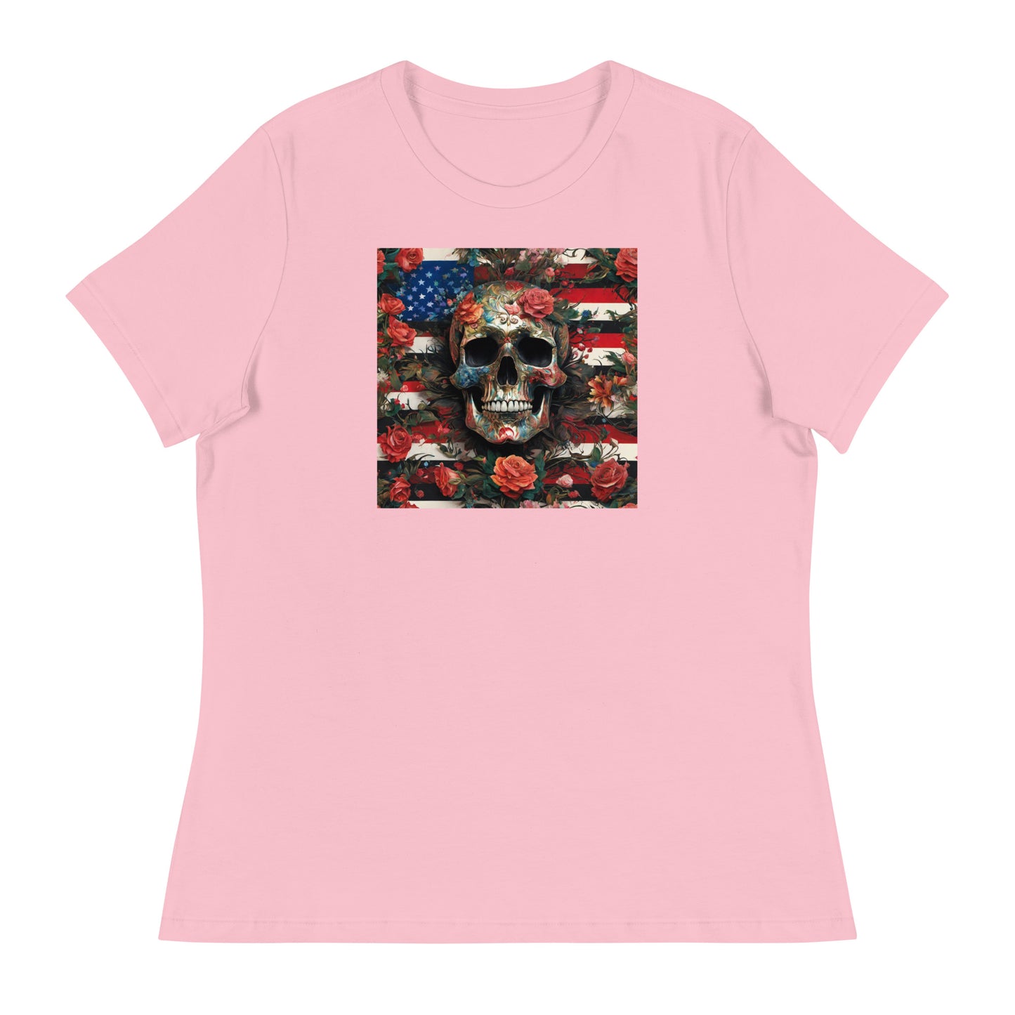 Skull, Roses, and Flag Women's Graphic T-Shirt Pink