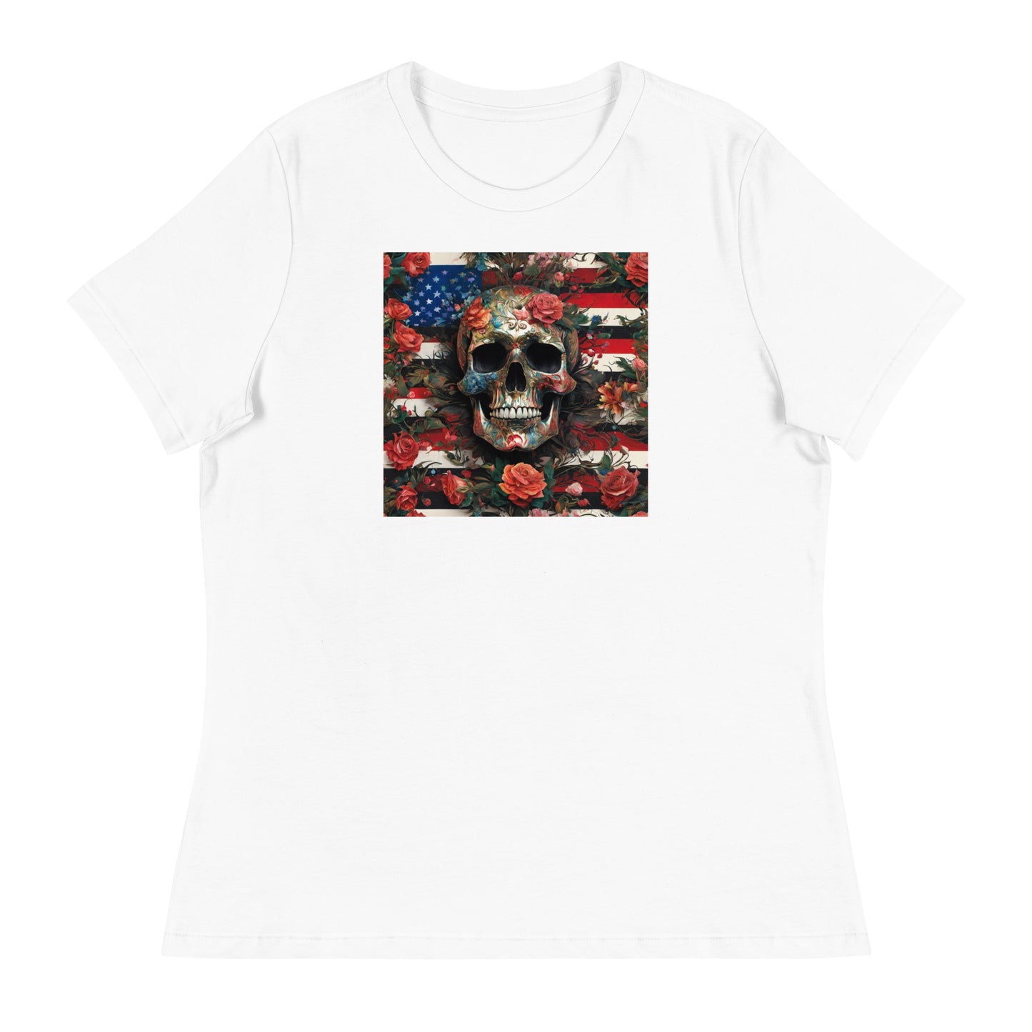 Skull, Roses, and Flag Women's Graphic T-Shirt White